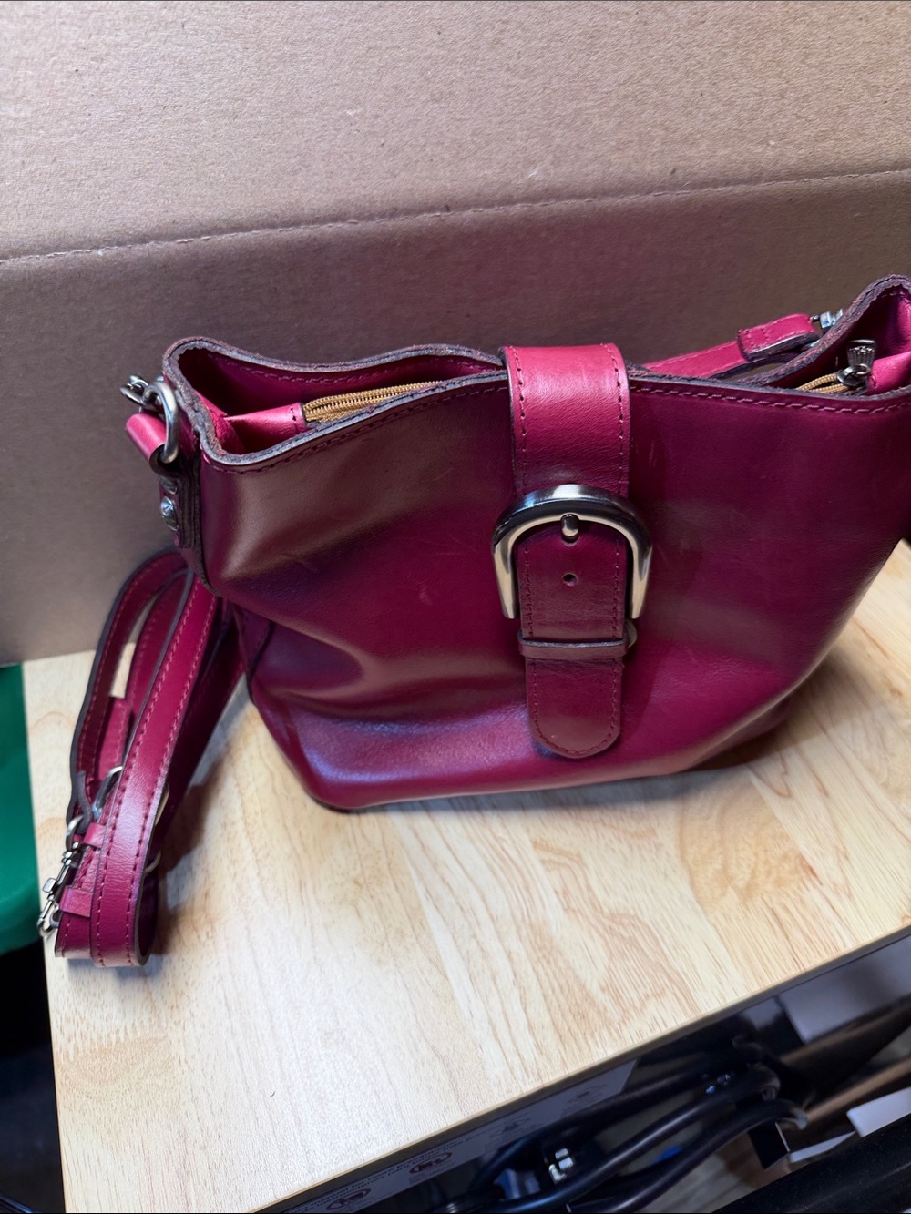 Patricia Nash Burgundy Leather Crossbody with Buckle Accent